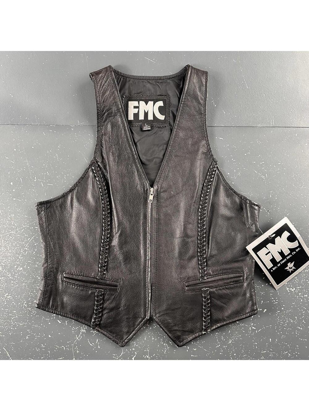VTG FMC Leather Waist Coat Youth Girls Large Black Zip Moto Biker Western NWT